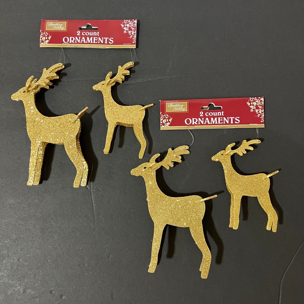 Christmas House Sparkling Holiday Gold Glitter Reindeer Ornaments 4 Count‎
